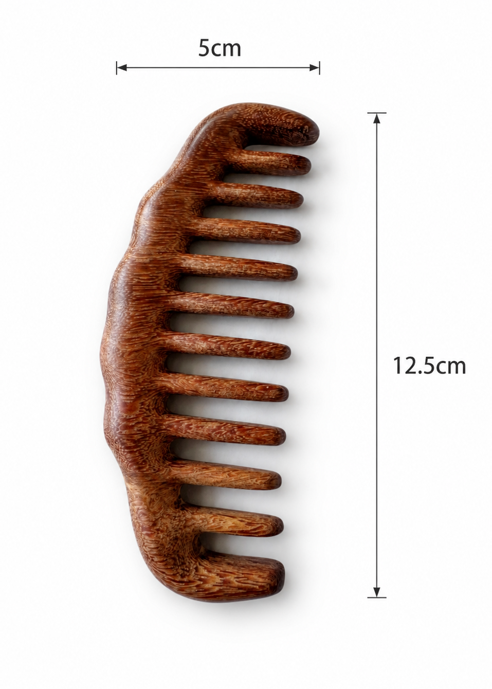 Wooden comb with measurements on a white background - length 12.5cm and width 5cm
