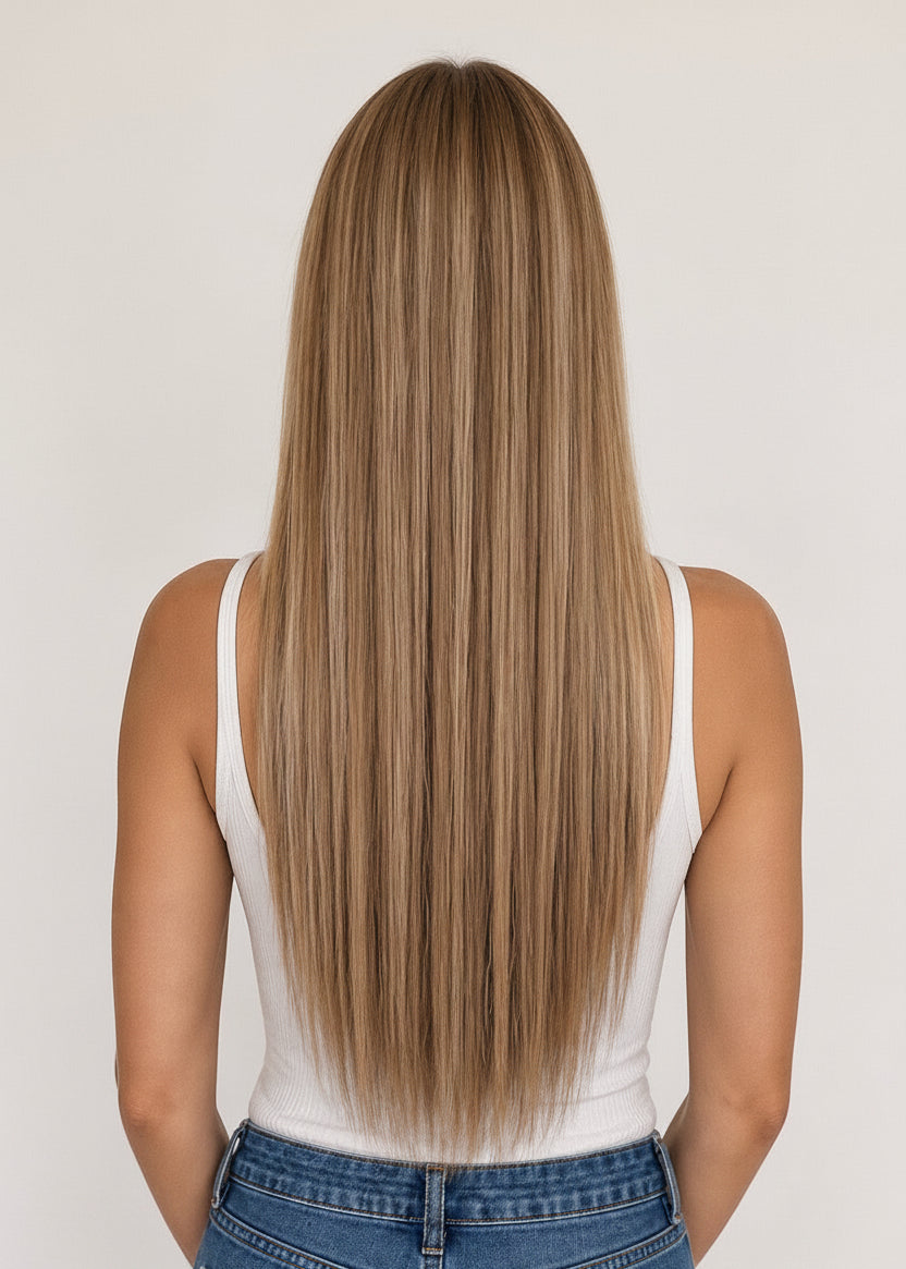 Woman with long blonde hair, measurement label indicating 24 inches or 60 cm, on a plain background