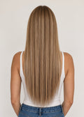 Woman with long blonde hair, measurement label indicating 24 inches or 60 cm, on a plain background
