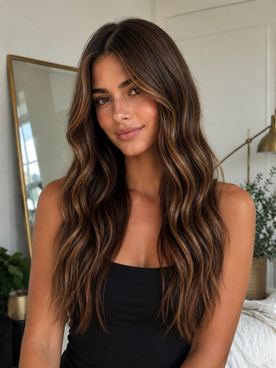 Woman with long, wavy brown and blonde highlights hair in a casual indoor setting