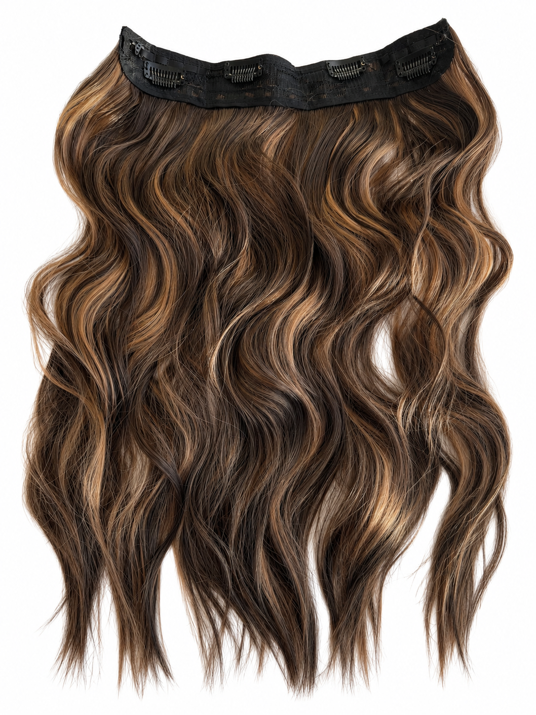 Brown hair extensions with a clip-in design on a white background