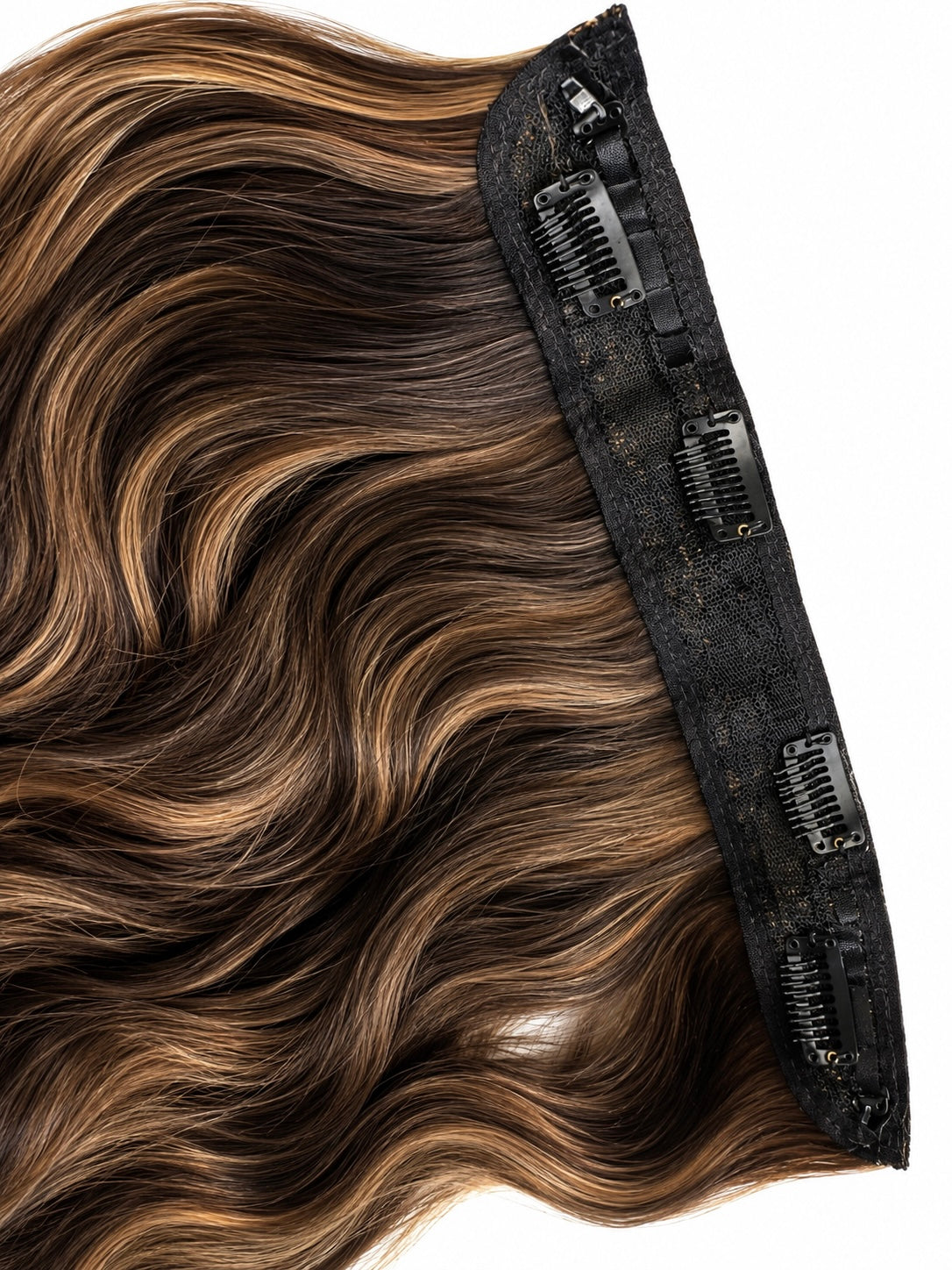 Brown hair extension with a clip-in mechanism on a white background