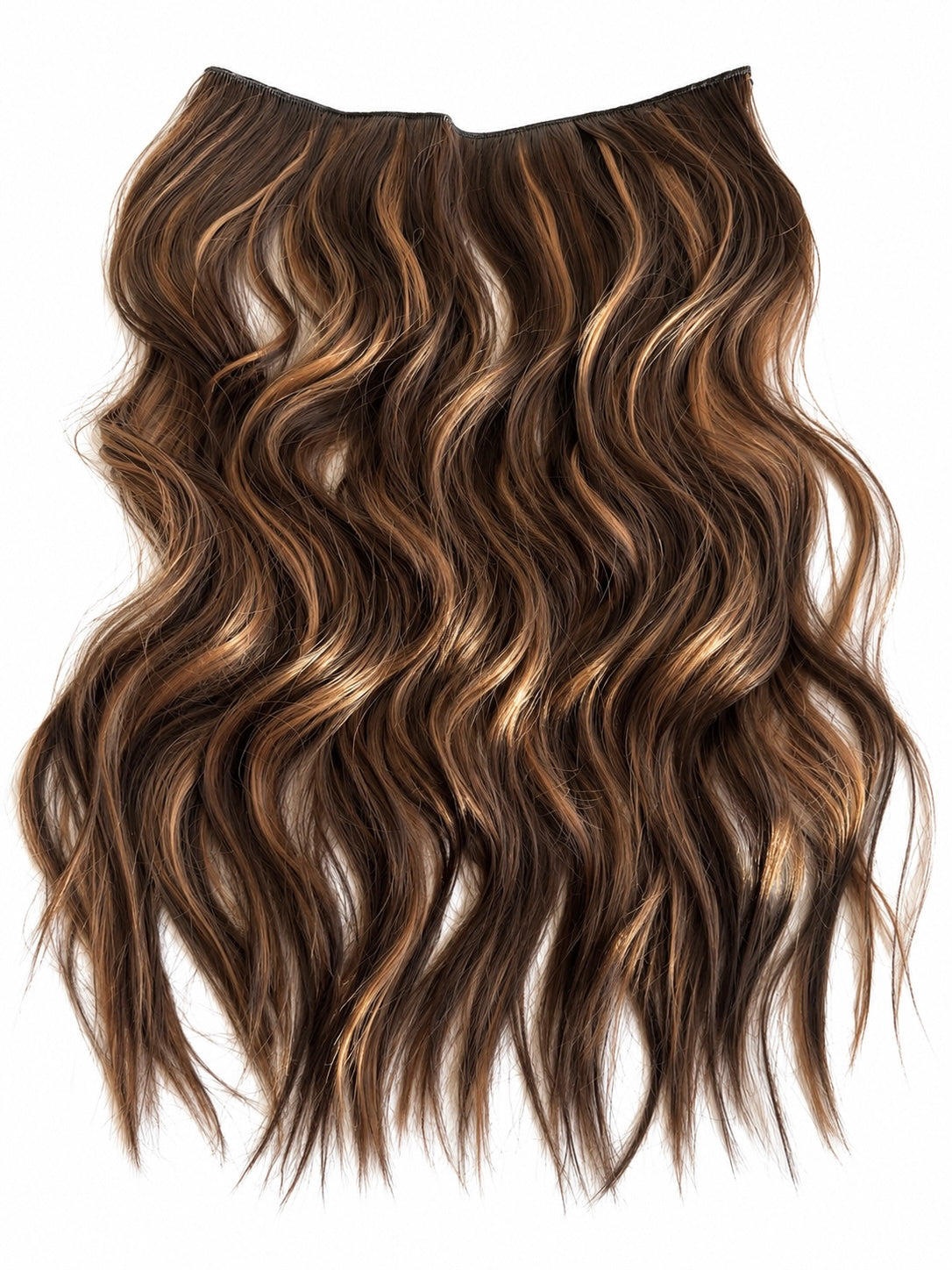 Brown hair extensions with wavy texture on a white background
